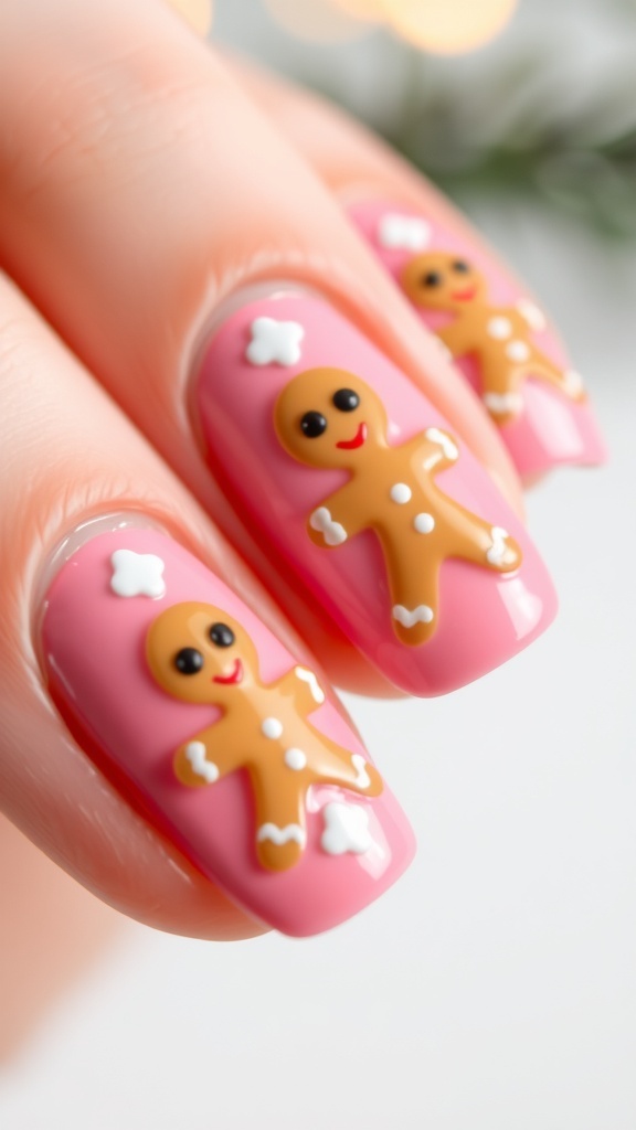 Close-up of pink Christmas nails with gingerbread man designs and icing details.